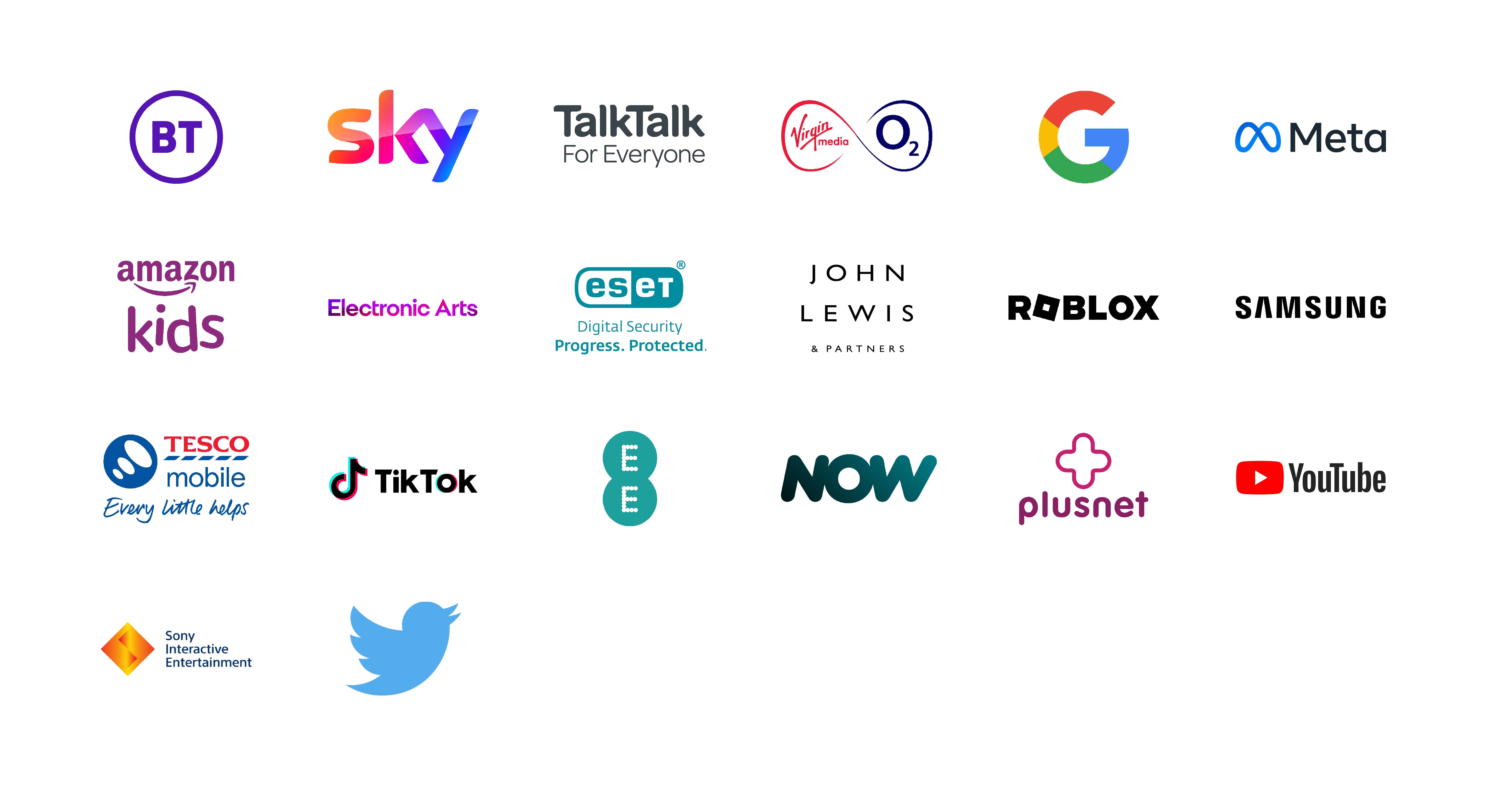 A collection of logos of Internet Matters corporate partners and supporters: BT, Sky, TalkTalk, Virgin O2, Google, Meta, Amazon Kids, Electronic Arts, ESET, John Lewis Partners, Roblox, Samsung, Tesco Mobile, TikTok, EE, Now, Plusnet, YouTube, Sony Interactive Entertainment and Twitter.
